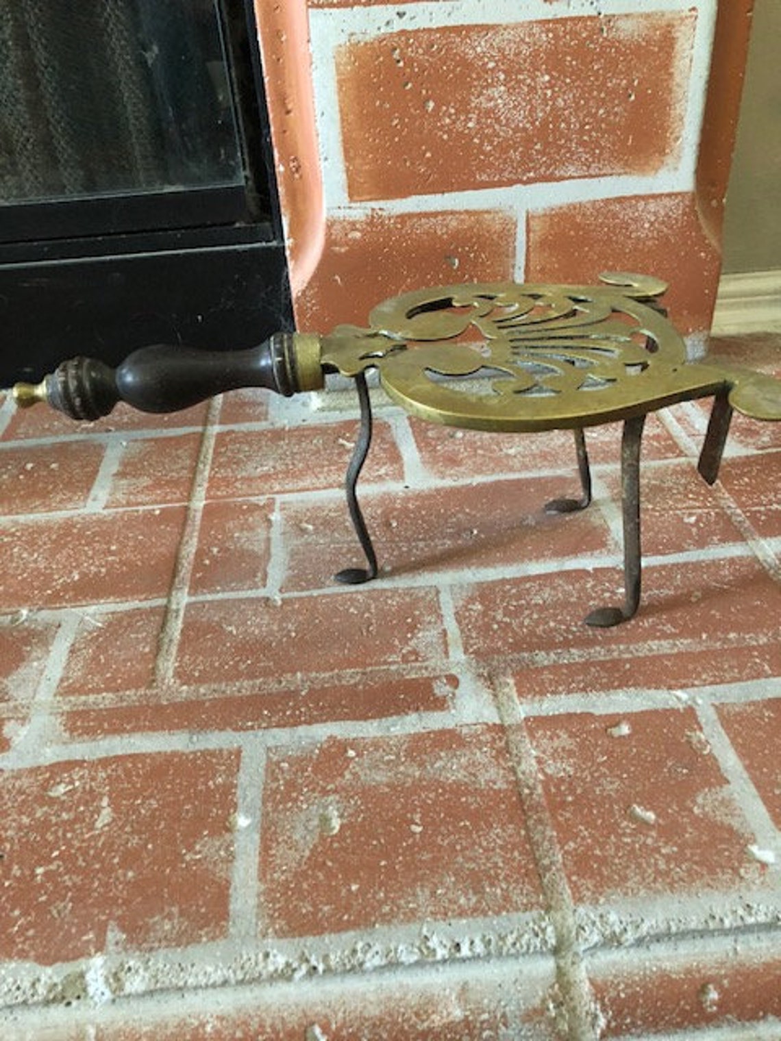 Antique Brass Fireplace Trivet With Wooden Handle American Etsy