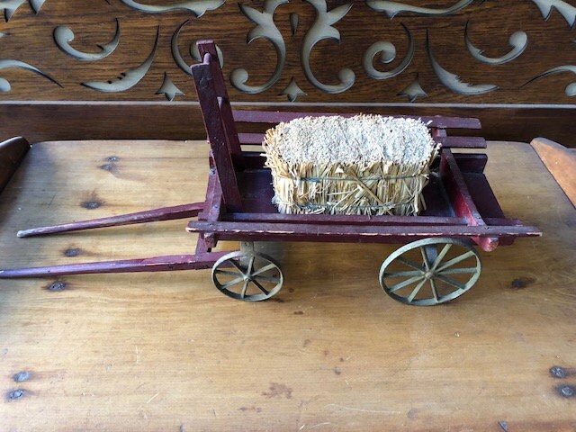 Vintage Red Hay Wagon, Wooden Farm Toy With Metal Wheels. Horse