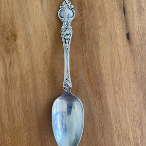 May include: A silver spoon with an ornate, floral design on the handle. The spoon is polished and shiny.