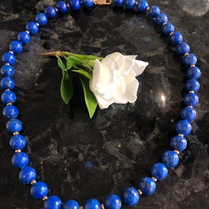 Vintage 14K Gold and Lapis Lazuli 18&quot; Beaded Necklace, Circa 1980&#39;s, Deep Blue Beads