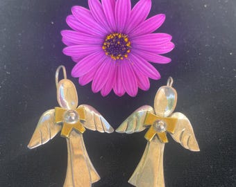 Sterling Silver Angel Earrings with Brass Bow, Made in Taxco, Mexico