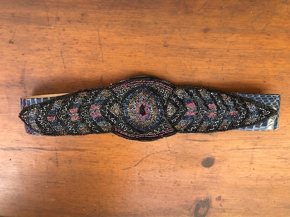 Vintage Beaded Blue Snakeskin Belt, Adjusts to 27, 28 and 29  display picture 2
