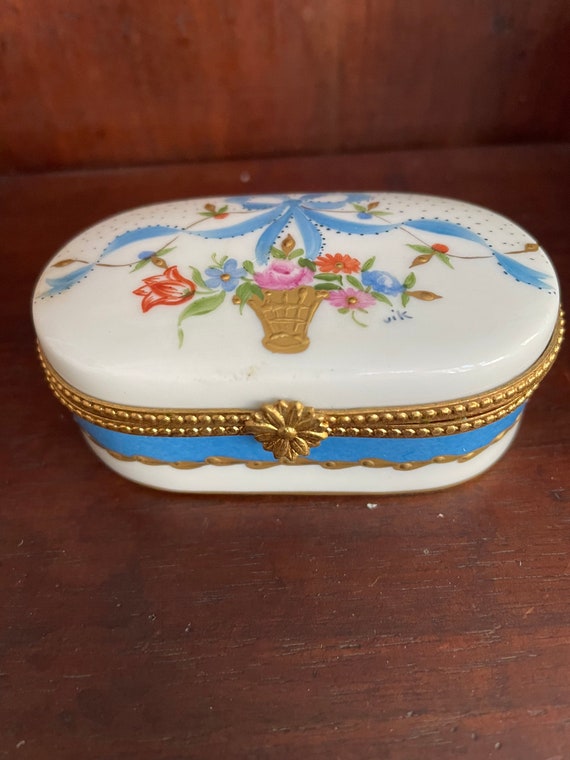 Vintage Limoges France Box With Hand-painted Basket of Flowers
