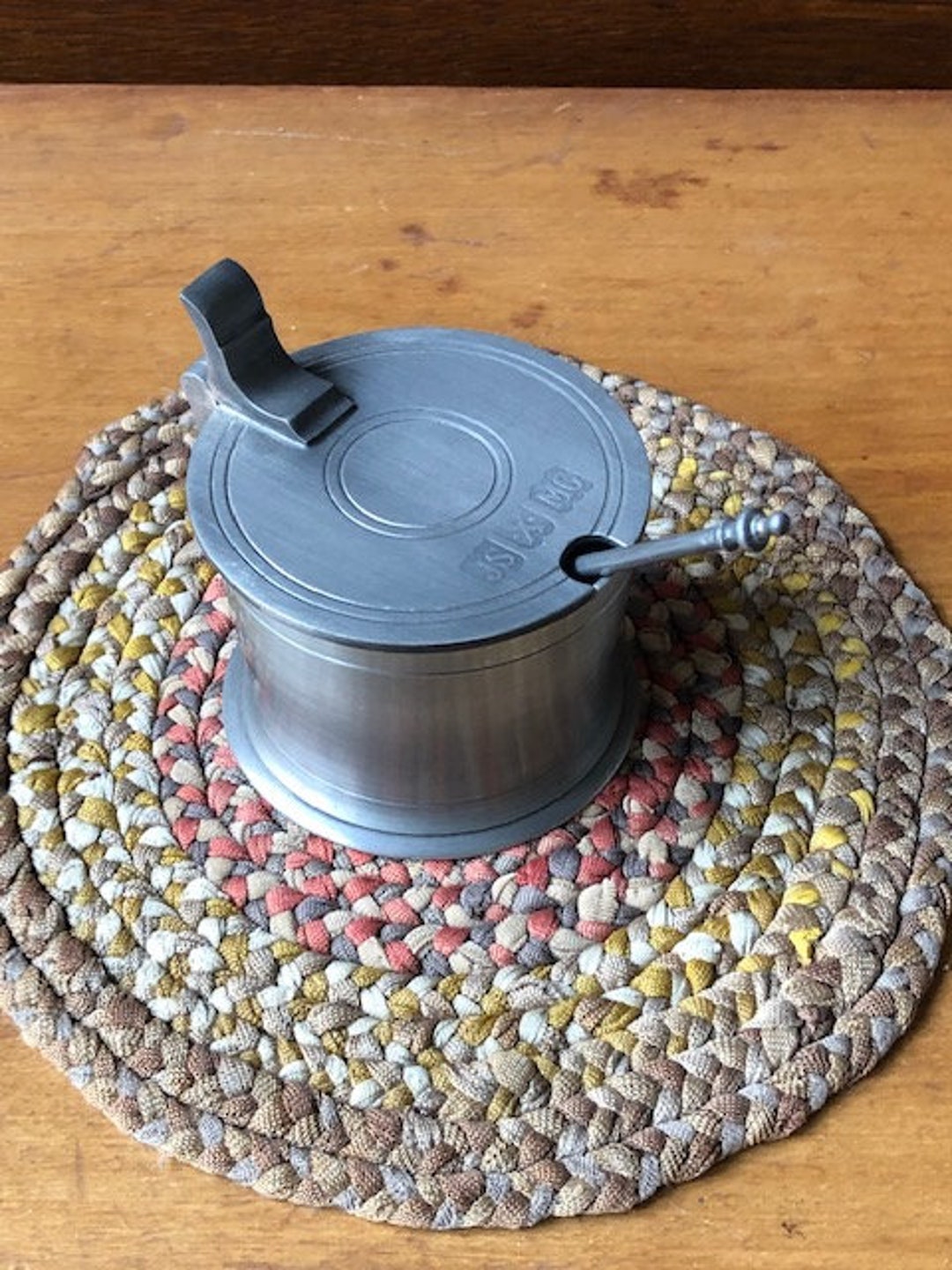 Vintage Pewter Mustard Pot and Spoon, John Somers, Brazil, Marked JS X