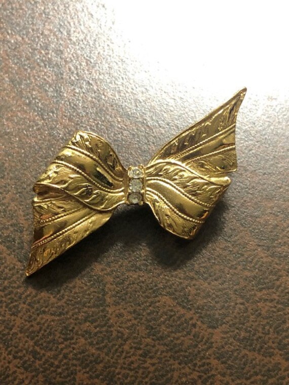 Costume Jewelry Bow Pin Brooch With Three Rhinest… - image 5