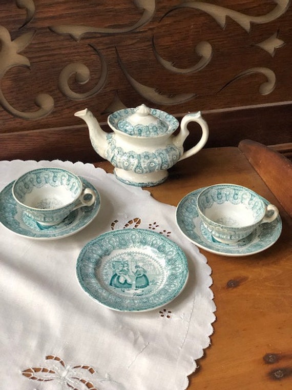 英国BURLEIGH 社アールデコTea Set １４点セット　アンティーク Antique Childs Tea Set, Gypsy Pattern, Harkwood Pottery, Green