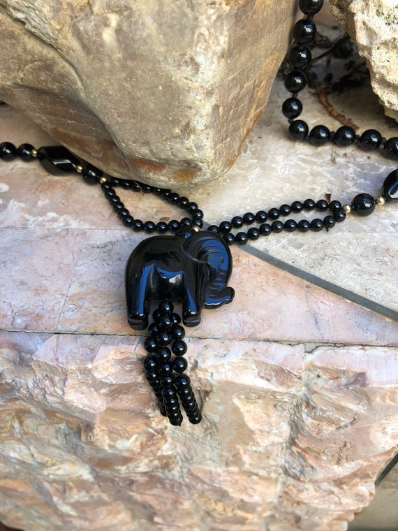 Black Onyx Elephant and Bead Necklace, 30" Beaded… - image 5