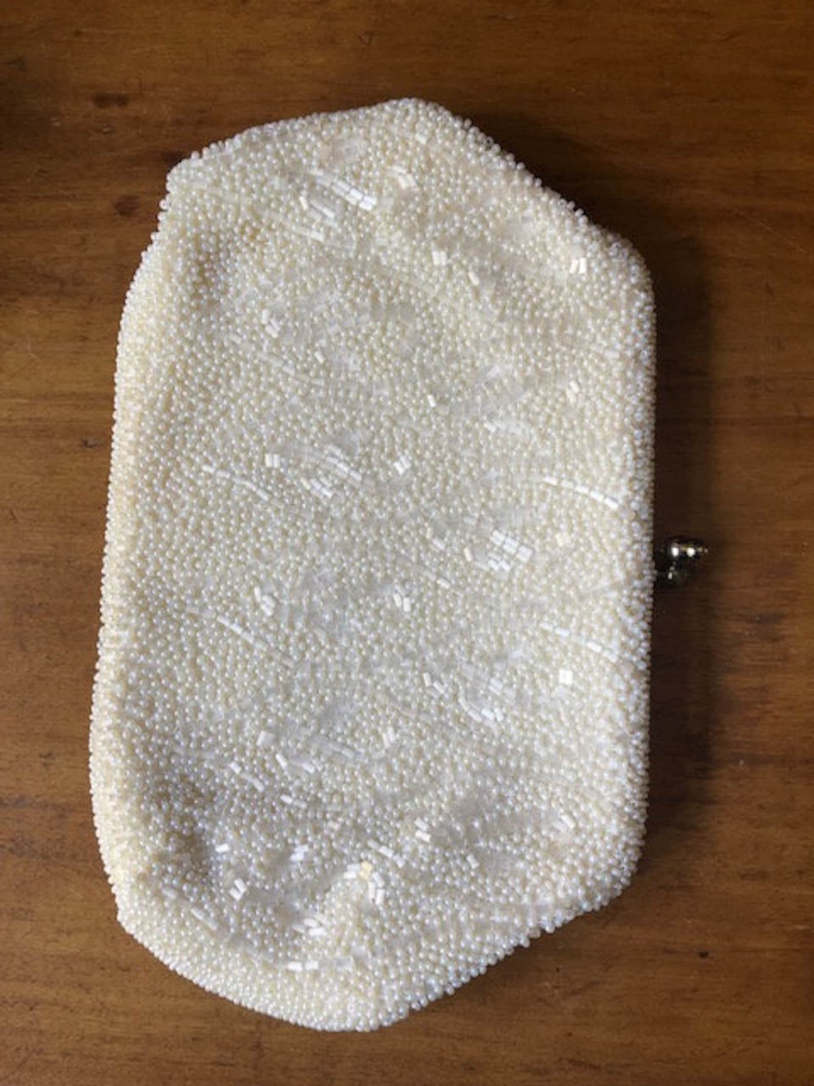 Vintage White Beaded Clutch with Gold Chain