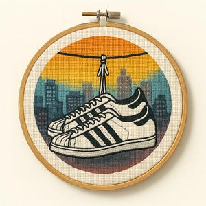 Sneakers Cross Stitch Pattern PDF | 150x150 Grid| Sneakers Hanging from Wire | Cityscape