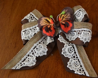 Butterfly Hair Bow | Rugged and Fancy | Chocolate Brown Ribbon layered with Burlap and Lace | Butterfly Center | Unique Hair Bow