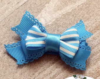 Turquoise Hair Bow | Tiny Turquoise Lacy Edge Stacked Bow | Turquoise and White Striped Topper Bow | Ribbon Center | Babies to Big Girls
