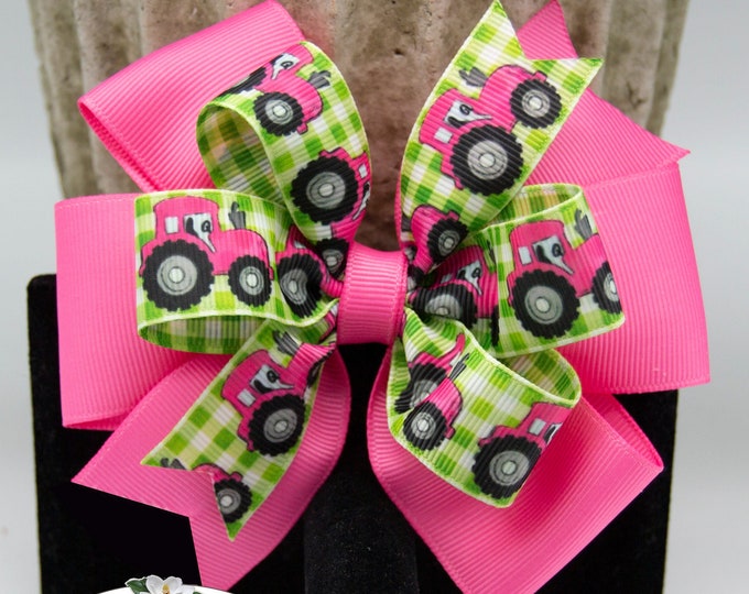 Featured listing image: Pink Tractors Stacked Boutique Bow | Adorable Pink Tractors on Green and White Checked USDR Ribbon | Country Girl Bow | Farm Bow for Any Age