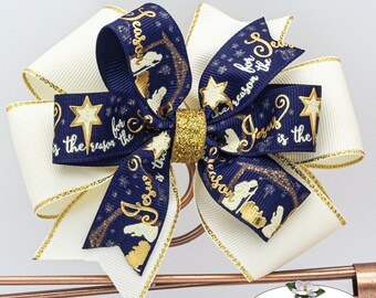 Nativity Bow | Dark Blue, Cream and Gold Christmas Bow | Church Hair Bow | Baby Jesus | Religious Christmas Bow | Gift for Any Age
