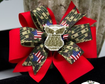 13 Heroes of Kabul Afghanistan Stacked Hair Bow | Handmade Resin Center Lists Names | Military Hero Bow | Support Our Troops | Memorial Day