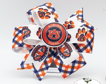 Auburn Inspired Game Day Hair Bow | Paw Prints and Tiger Eyes on Plaid | Planar Resin Logo Center | Unique Design | Great Gift for AU Fan