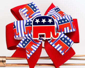 Republican Stacked Hair Bow | Elephant on Blue & White Ribbon | Conservative Kids Bow | Political Party Bow | Election Bow for Any Age