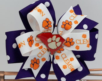 Clemson Inspired Game Day Bow | Purple Polka Dots | White with Orange Tiger Paw | Handmade Resin Center | Great Gift for AnyTiger Fan