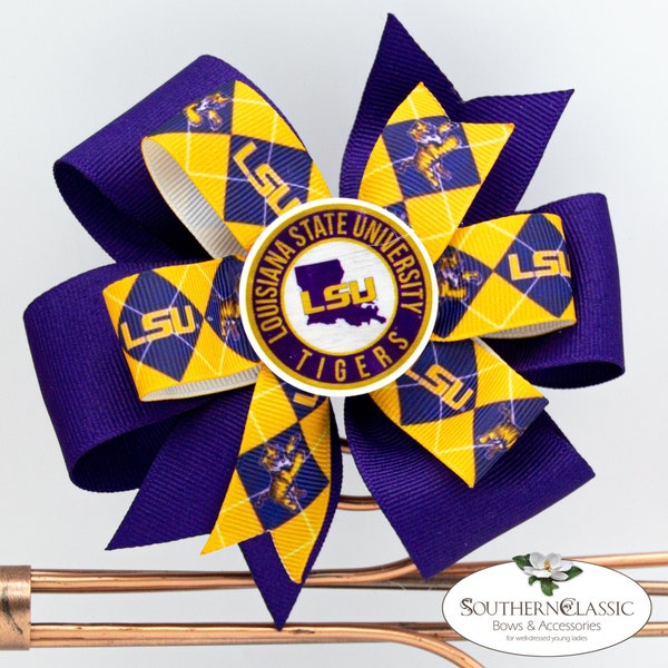 LSU inspired Game Day Hair Bow | Unique Argyle Logo and Tiger Ribbon | Planar Resin Center | Bow for Any Age | Perfect Gift for LSU fan