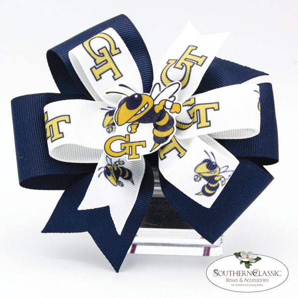 Georgia Tech Inspired Game Day Hair Bow | Old Gold and Blue Bow | Handmade Epoxy Resin Yellow Jacket Center | Great Gift for GA Tech Fan