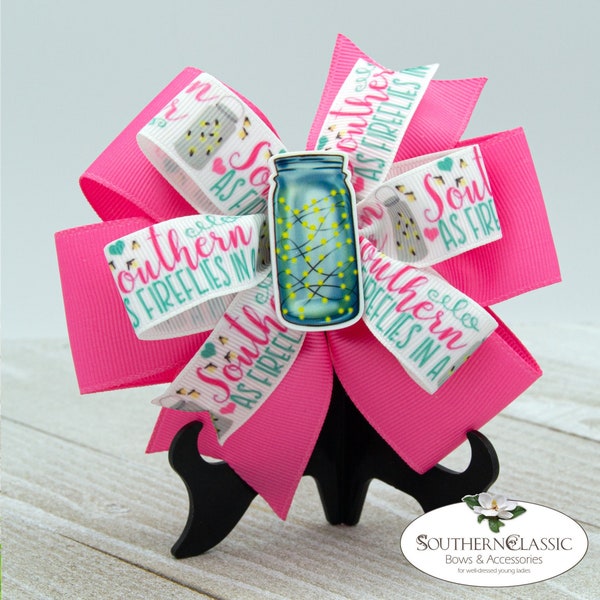 Southern Girl Hair Bow | Fireflies in a Mason Jar | Aqua or Hot Pink | Family Reunion | Picnic | Barbecue | Barefoot in Grass | Summer Bow