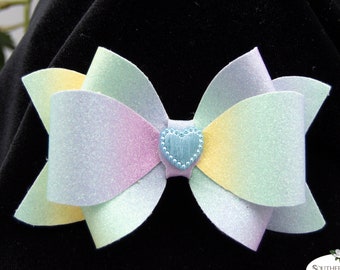 Dainty Pastel Ombre Glitter Faux Leather Bow | Holiday Party Bow | Glitzy Sparkle Bow | Tots to Teens | Gorgeous Glitter Bow | Resin Heart