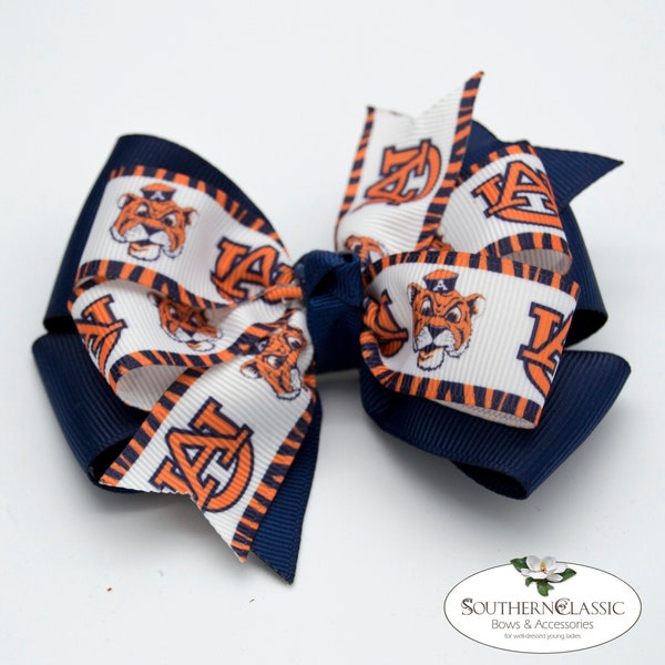 Auburn inspired | AUBIE Game Day Hair Bow | Orange & Blue Stacked Pinwheel Bow | Auburn Logo and AUBIE Ribbon | Perfect for Any Age Fan!