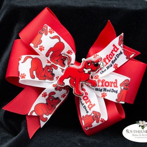 Big Red Dog Bow | Red Bow with Cartoon Dog | Handmade Epoxy Resin Center | Storybook Series | Can make as Dog Collar Bow or Bow Tie | Gift