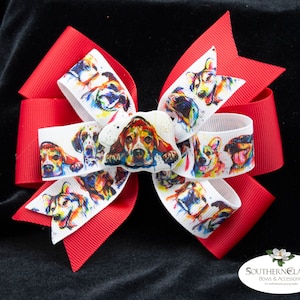 ARTSY DOG Print Boutique Bow | Handmade Matching Epoxy Resin Center | Dog Lovers Bow | Tots to Teens | 9 Breeds and Many Colors Available