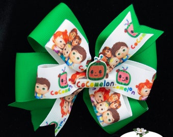 Cocomelon inspired Stacked Pinwheel Bow | Available in 9 Colors | Handmade Resin Character Center | Toddler Bow | Kid TV Show Bow | Melon