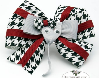 Alabama Inspired Hair Bow | Cute Elephant Ribbon Sculpture at Center | Houndstooth & Crimson | BAMA Game Day Bow | Great Gift for any Fan