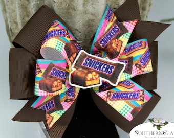 Chocolate Peanut Candy Bar Stacked Boutique Hair Bow | Big Resin Candy Bar and Package Center | Toddlers to Big Girls | Foodie Hair Bow