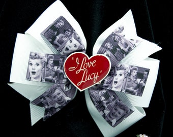 I Love Lucy inspired Bow | Handmade Epoxy Resin Heart Center | Black & White TV Show Scenes | Retro Bow | Ask About Matching Earrings