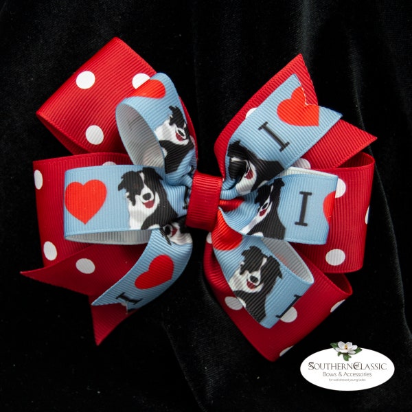 Border Collie Stacked Boutique Hair Bow | Cute Animal Bow | Toddlers to Big Girls | Dog Breed Hair Bow | Red Polka Dot Border Collie Bow