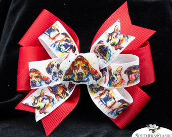 ARTSY DOG Print Boutique Bow | Handmade Matching Epoxy Resin Center | Dog Lovers Bow | Tots to Teens | 9 Breeds and Many Colors Available
