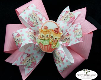 Sweet Vintage Kittens in Basket Stacked Boutique Bow | Handmade Epoxy Resin Center | Pink Bow | Polka Dots | Tots to Tweens