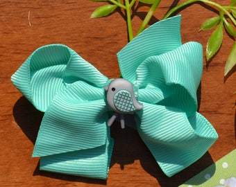 Aqua Hair Bow | Blue-Green Twisted Loop Boutique Bow | Darling Gray and Aqua Baby Bird Center | Sweet Bow for Babies to Big Girls