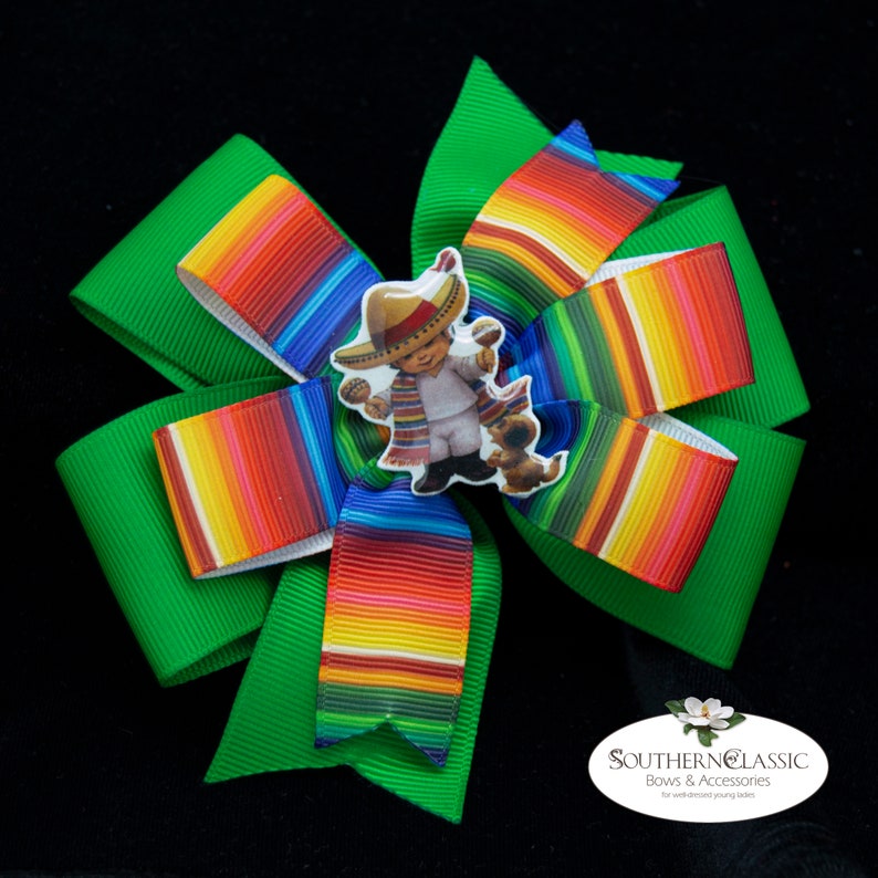 Mexican Hair Bow Handmade Epoxy Resin Boy with Sombrero Center Striped Serape Bow Cinco de Mayo Bow Serape Stacked Boutique Bow