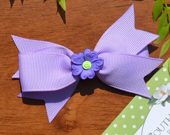 Lilac Hair Bow | 2-Loop Grosgrain Lilac Hair Bow | Purple and Green Resin Flower Center | Sweet and Simple Bow | For Toddlers to Teens