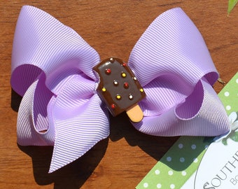 Ice Cream Hair Bow | Lavender Twisted Boutique Hair Bow with Chocolate Ice Cream Bar Center | A Sweet Accessory for Toddlers to Teens