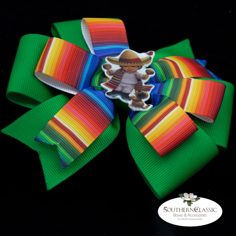 Mexican Hair Bow Handmade Epoxy Resin Boy with Sombrero Center Striped Serape Bow Cinco de Mayo Bow Serape Stacked Boutique Bow