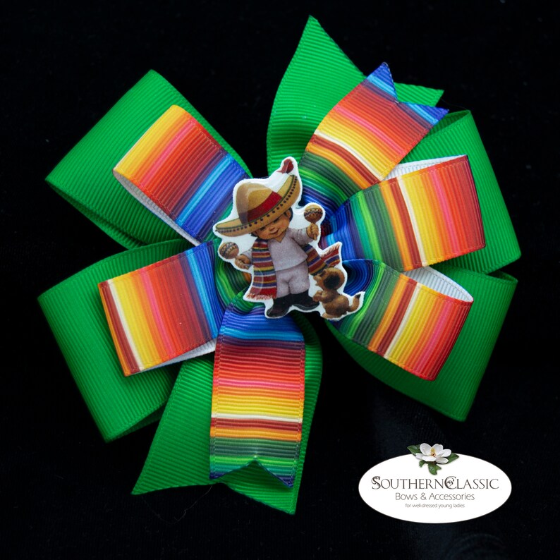 Mexican Hair Bow Handmade Epoxy Resin Boy with Sombrero Center Striped Serape Bow Cinco de Mayo Bow Serape Stacked Boutique Bow