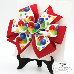 Autism Awareness Stacked Pinwheel Bow | Puzzle Piece Hearts on White ...