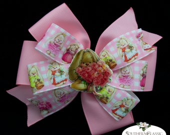 Bunny with Rose Bouquet Stacked Boutique Bow | Handmade-to-match Epoxy Resin Bunny Center | Pink Checked Bow | Bow for Babies to Big Girls