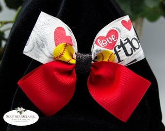 I Love Softball Bow | 4-loop bow | Two-tone bow with foil stamping | Softball player or sibling bow | Bow for any age girl