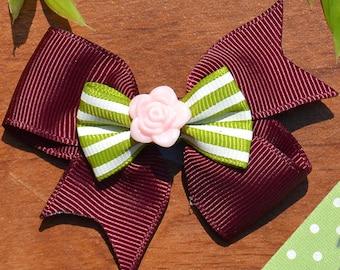 Burgundy & Green Hair Bow | Burgundy Grosgrain Hair Bow | Green and White Striped Topper Bow | Pink Resin Rose Center | Babies to Big Girls