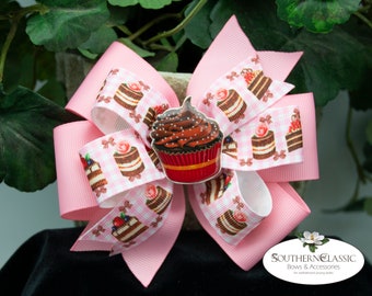 Pink Cupcake Hair Bow: Handmade Resin Center, Sweet Treats Print