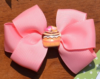 Cupcake Hair Bow | Triple-Loop Pink Grosgrain Hair Bow | Sweet Resin Cupcake Center | Adorable Bow for Babies to Big Girls