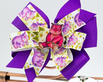 Purple Hippo Mom and Baby Stacked Pinwheel Bow | Handmade-to-match Epoxy Resin Hippo Center | Cute Animal Bow for Babies to Big Girls | Gift