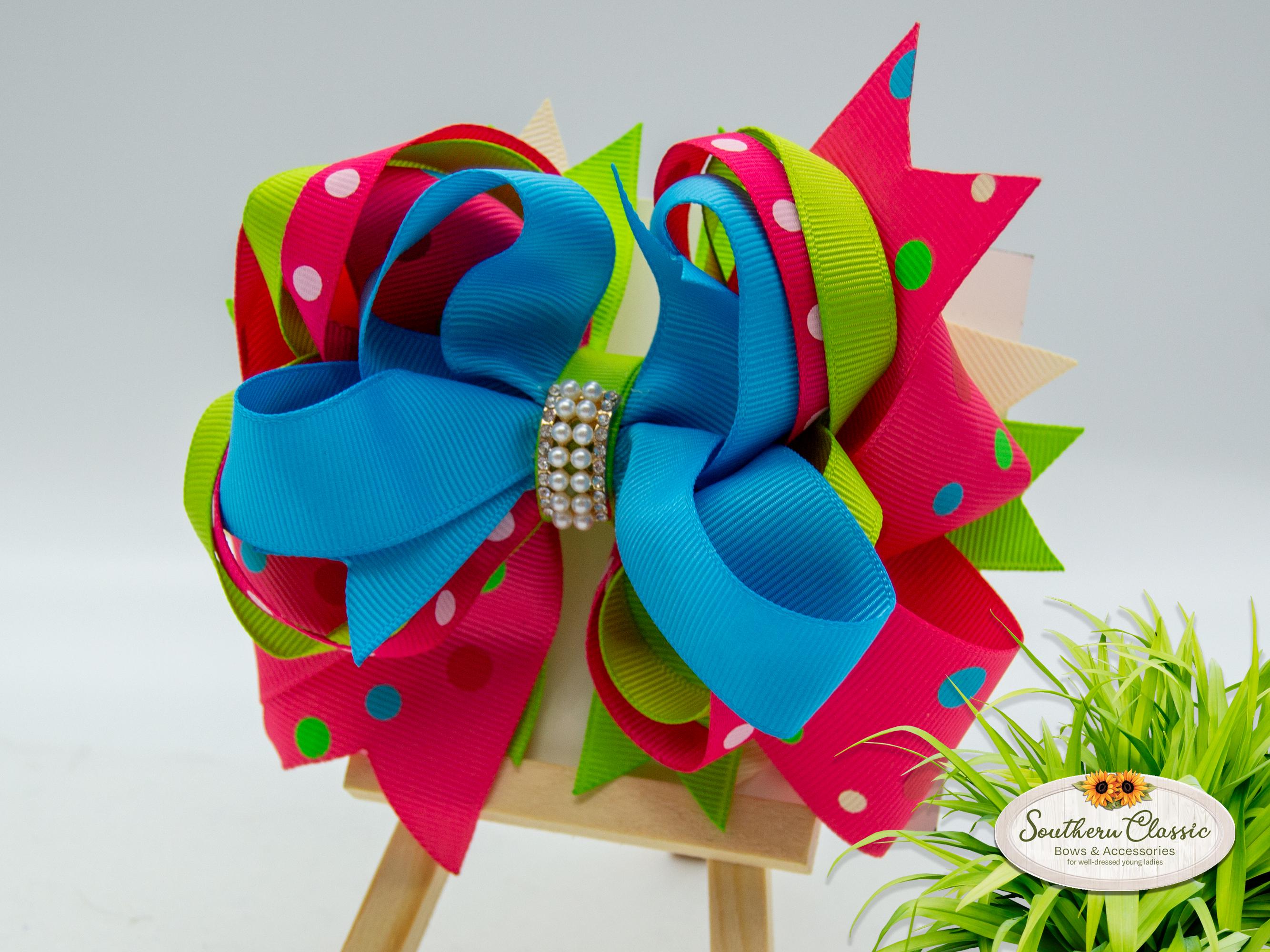 Fancy and Colorful Stacked Boutique Bow: Rhinestone and Pearl Center - Etsy