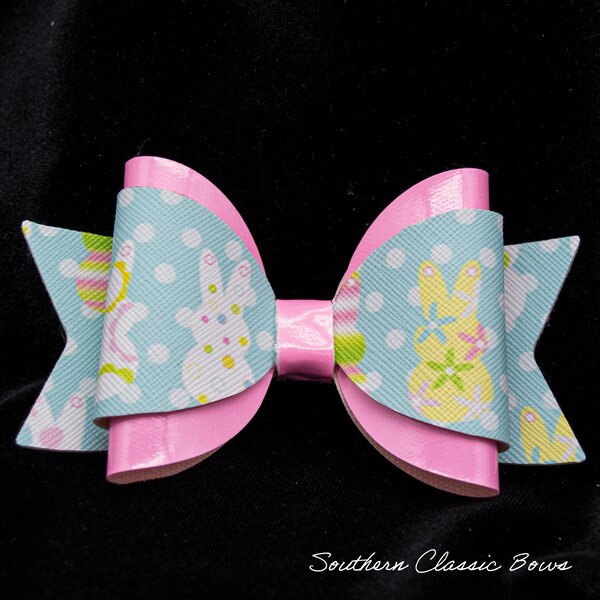 Pink Patent and Blue Faux Leather with Bunny Print | Adorable Easter Bow | Polka Dots | Girly Girl Spring Bow | Tots 2 Teens | FAST SHIPPING